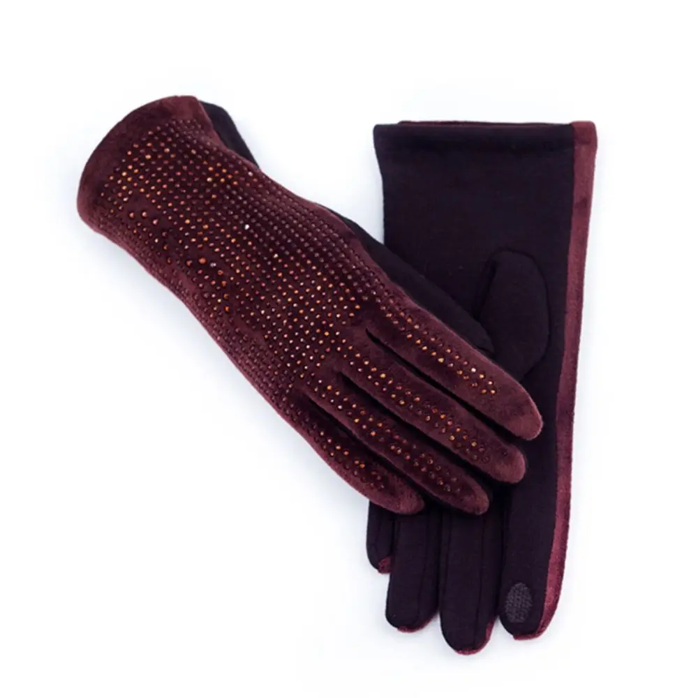 

Touch Screen Rhinestone Gloves Diamond Velvet Suede Leather Warm Gloves Thick Full Finger Plus Plush Mittens Women