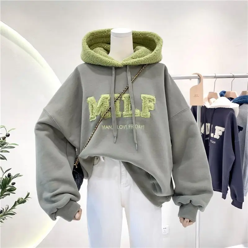 

Letter Embroidered Sweatshirt Patchwork Oversize Women Winter Casual Loose Cotton Thick Plus Velvet Long Sleeve Green Hoodies