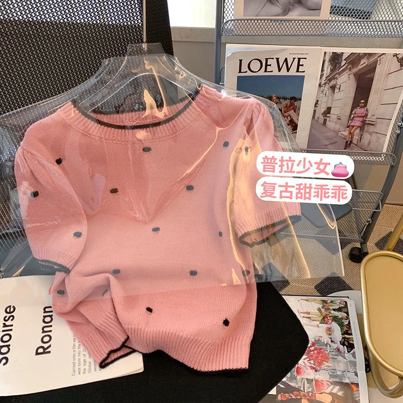 

Urifens Pink Wave Dot Short Sleeve Sweater 2022 Spring And Summer Women's Chic Fashion Knit Top O Neck Sweet Knitwear