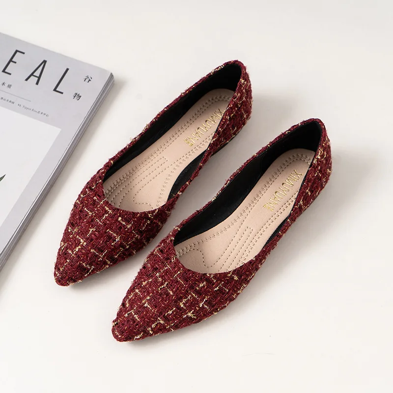 Hot Women Pointed Toe Plaid Flats Woman Ballerina Loafers Soft Bottom Lattices Moccasins Femme Plus Size 40/42 Shoes
