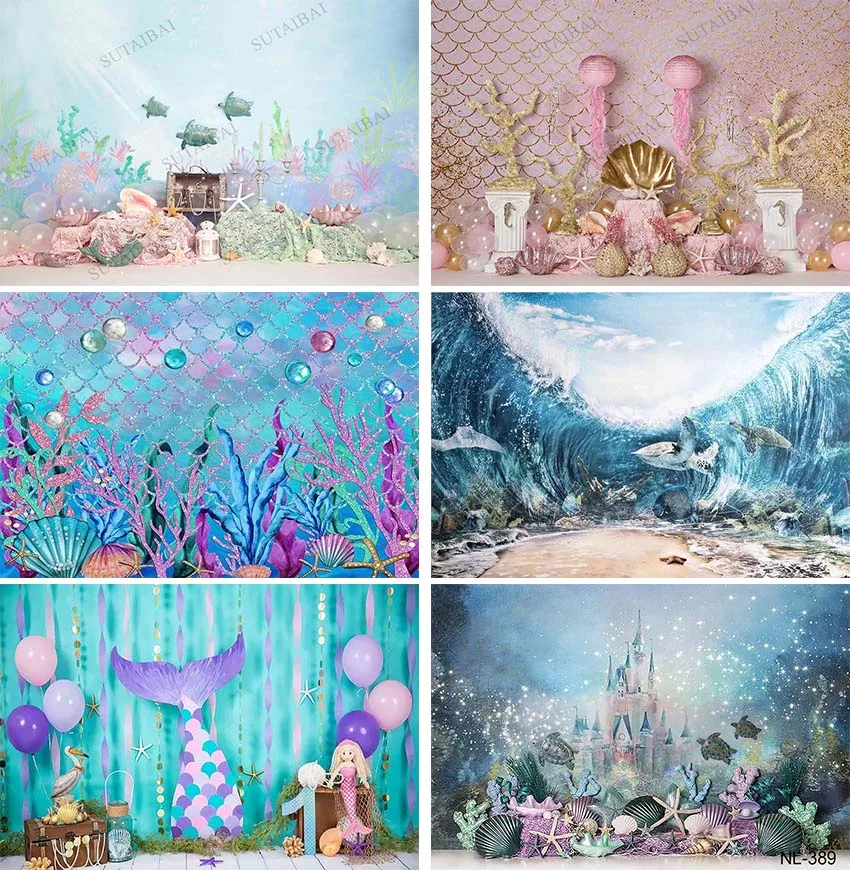 

Photography Background Mermaid Under The Sea Underwater Castle Girl 1st Birthday Cake Smash Decor Backdrop Photo Studio