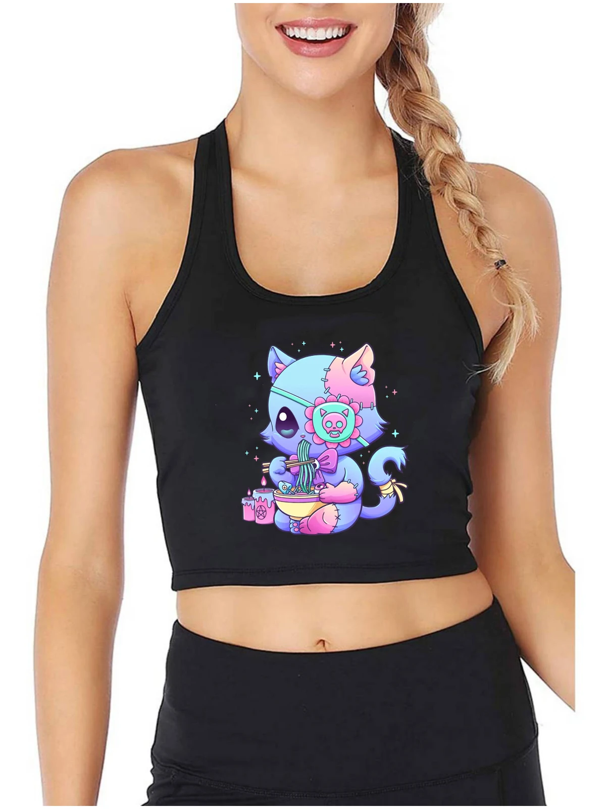 

Pastel Goth Aesthetic Kawaii Creepy Cat Eating Ram Graphics Design Crop Top Japanese Anime Gothic Sexy Slim Fit Tank Tops