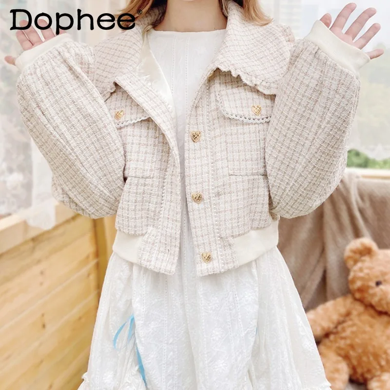 

Коллекция 2023 года, индивидуальный Топ, японская куртка Lojita на осень и зиму, милое шерстяное короткое пальто в клетку с завышенной талией, Женская куртка