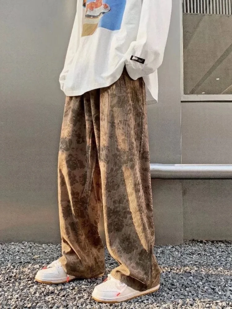 

Corduroy Pants Women Vintage Distressed Printed Straight Streetwear Woman Bottoms Pants Loose Casual Wide Leg Sweatpants Fashion