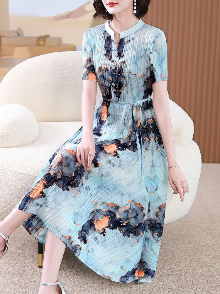 

Miyake Pleated Dress Short Sleeve Print Women Buttons A Line Belt Loose Meidum Long Elegant Female 2023 Summer Clothing Dresses