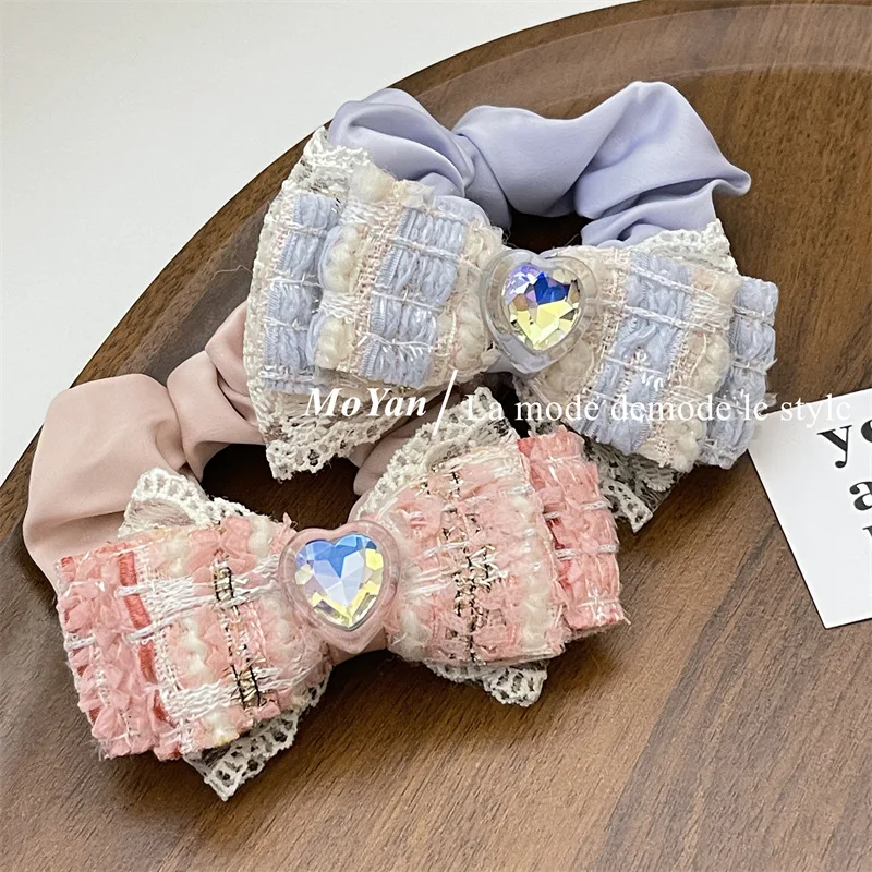 

Classic Tweed Plaid Bowknot Hair Ring Heart-Shaped Large Zirconium Classic Style Hair Rope Sweet Girl Hairtie Headdress