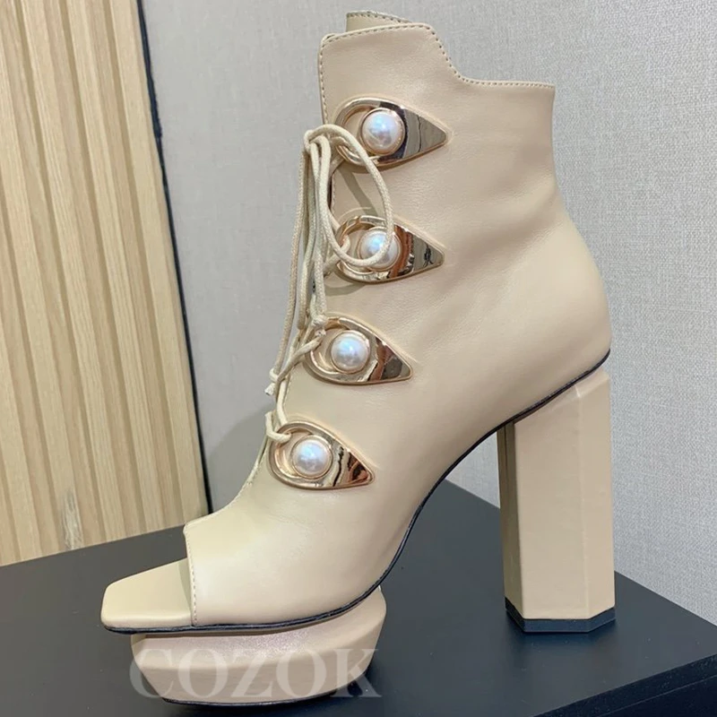 

Women Square Head Short Boots Autumn New Unique Pearl Decor Lace-up Platform Ankle Boots T-stage Walk Show Open Toe Ladies Pumps