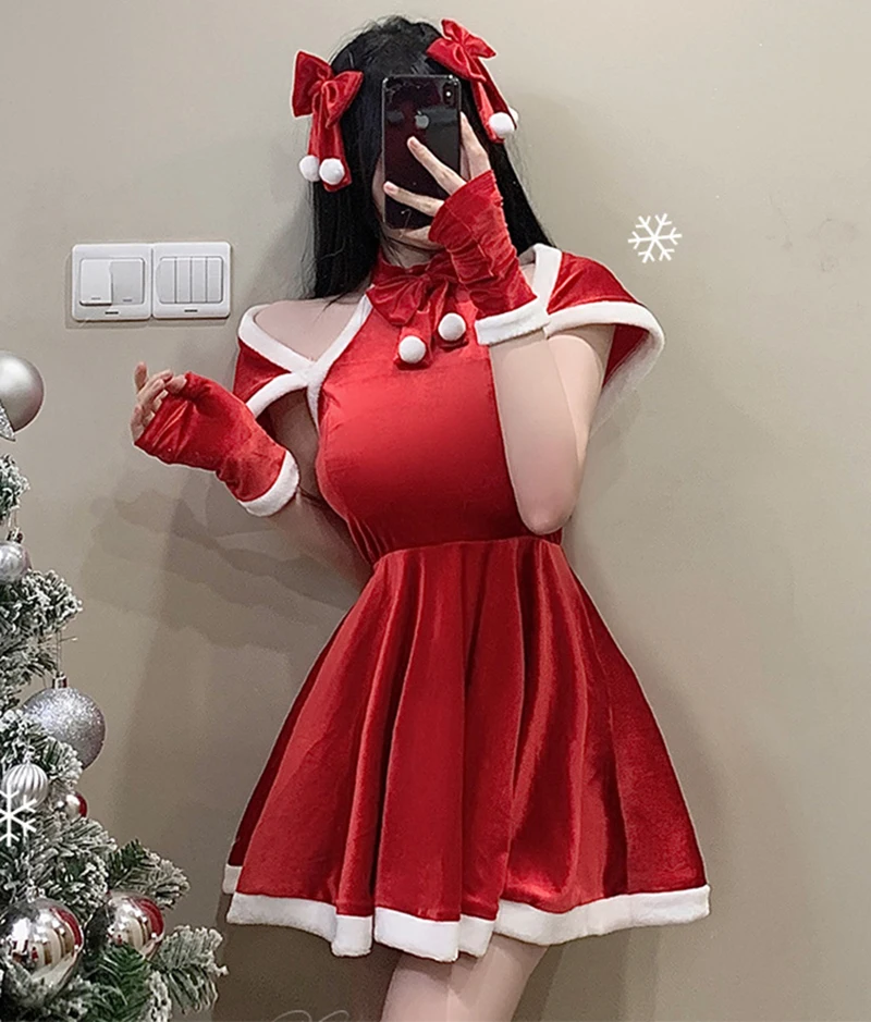 New Japanese Anime Kawaii Red Maid Velvet Dress With Shawl Christmas Mrs Santa Fancy Dress Cute Santa Claus Suit Cosplay Costume