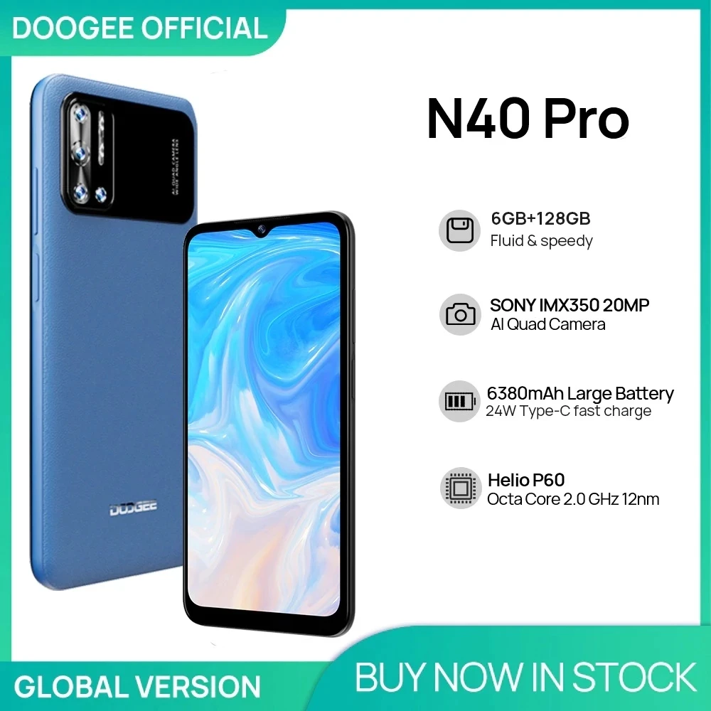 DOOGEE N40 Pro Smartphone 6.5 inch 20MP Quad Camera Helio P60 6GB+128GB Cellphone 6380mAh Battery 24W fast Charging