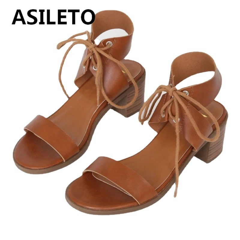 

ASILETO Women Ankle Strap Sandals Peep Toe Chunky Heels Lace-Up Concise Shoes Big Size 36-43 White Apricot Black Summer S3146