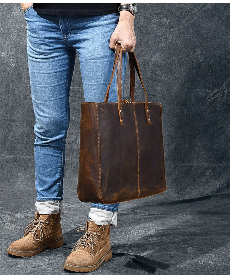 Vintage simple large capacity genuine leather unisex tote bag casual daily work men's crazy horse cowhide handbag shoulder bag