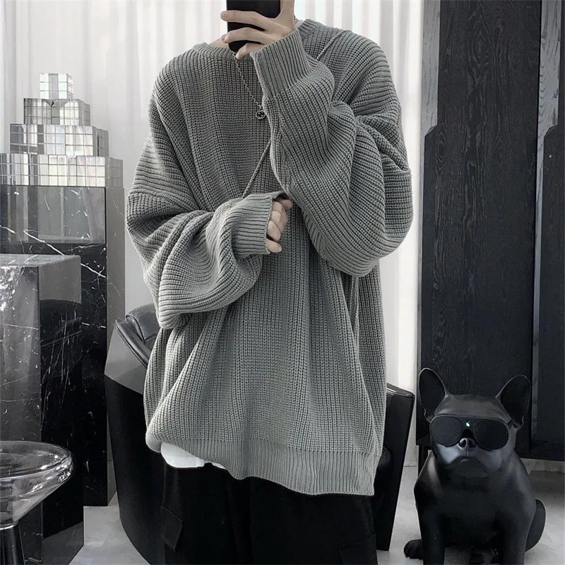 Pullover Sweater Men Oversize Spring Autumn Winter Outerwear Thick Loose Casual Couple Bottom Knitted Tops Streetwear Grey Black