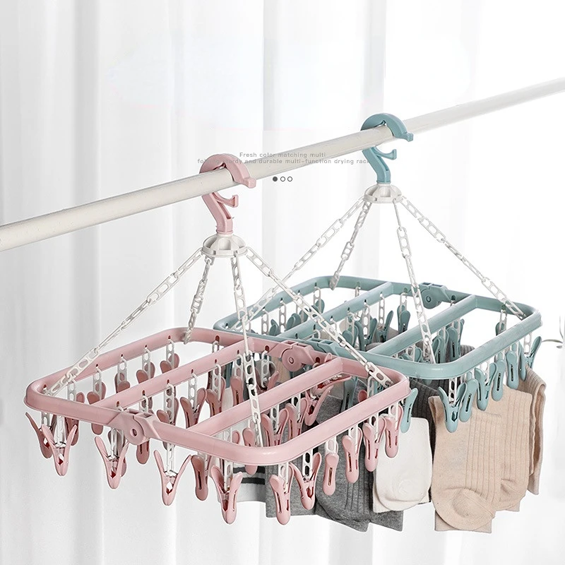 

32 Clips Folding Clothes Dryer Hanger Windproof Socks Underwear Drying Rack Household Children Adults Storage Laundry Rack