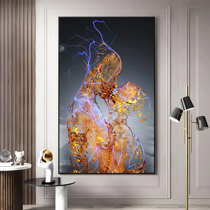 

Golden Metal Kissing Couple Sculpture Canvas Painting Modern Abstract Wall Poster Picture Prints Home Decoration For Living Room