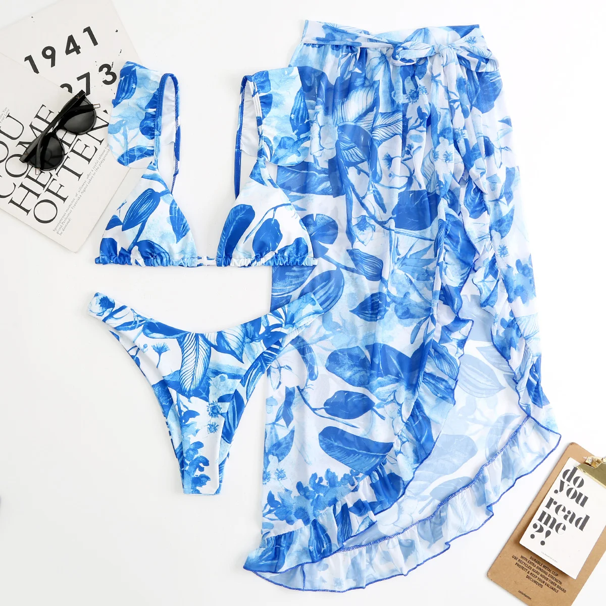 Летний комплект из 3 предметов с цветочным принтом женский купальник оборками