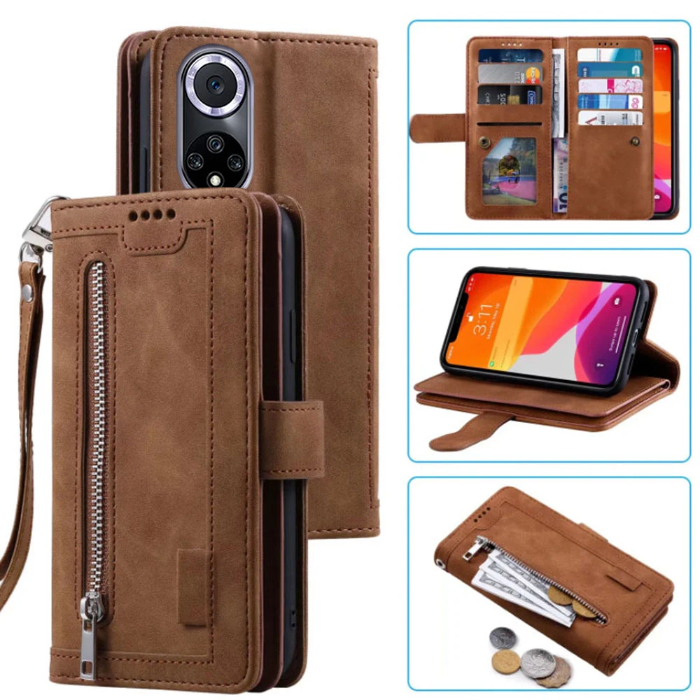 

9 Cards Wallet Case for Huawei nova 9 nova 8 Pro 5G Case Card Slot Zipper Flip Folio with Wrist Strap for Honor V40 Lite