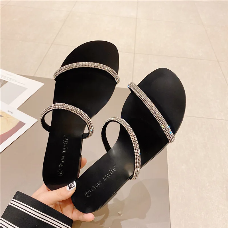 2022 summer new style sandals rhinestone flat shoes one word belt outside wear all-match flat women beach sandals women