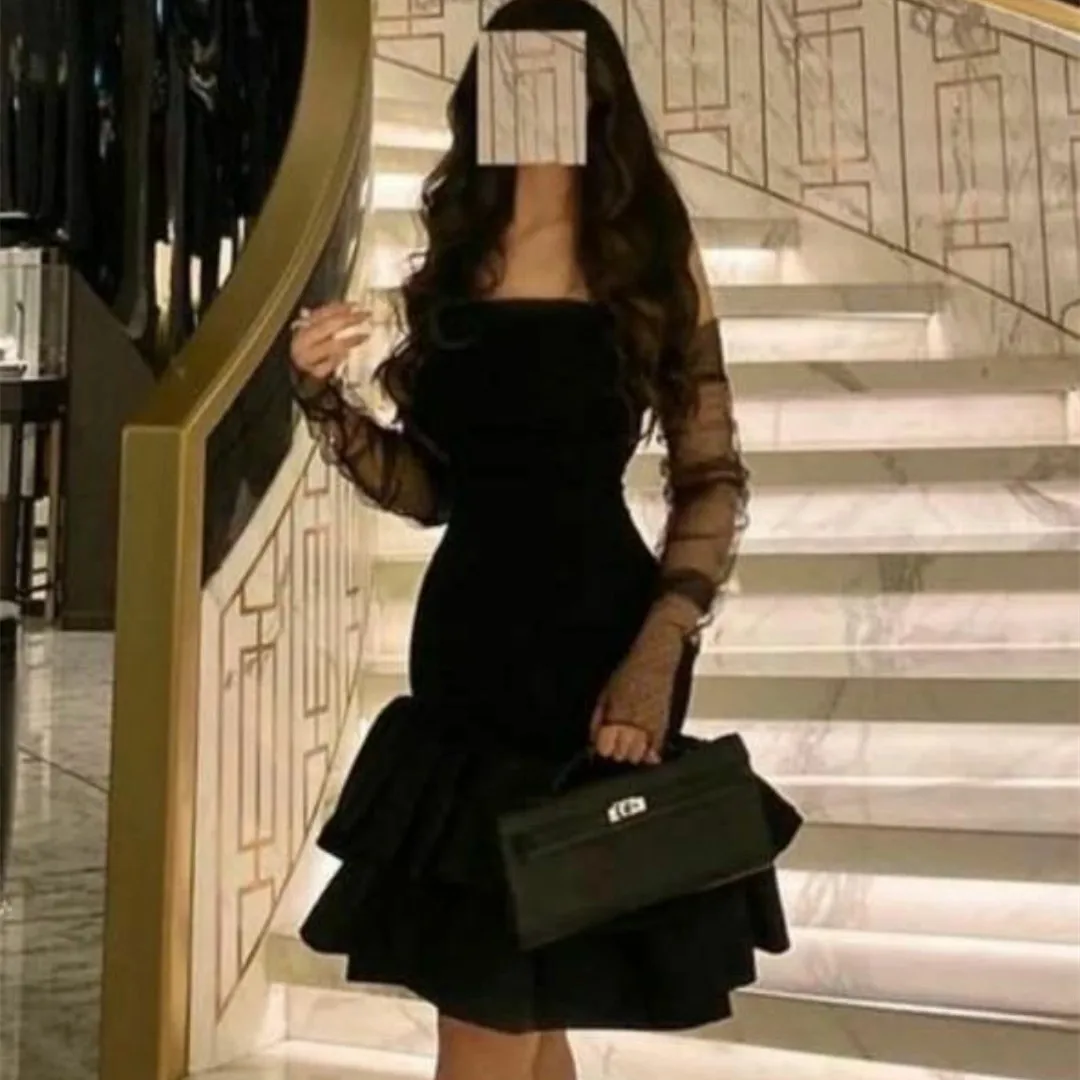 

Короткие черные вечерние платья из тюля с рукавами, платье с юбкой-годе для выпускного вечера, платье для вечеринки для женщин