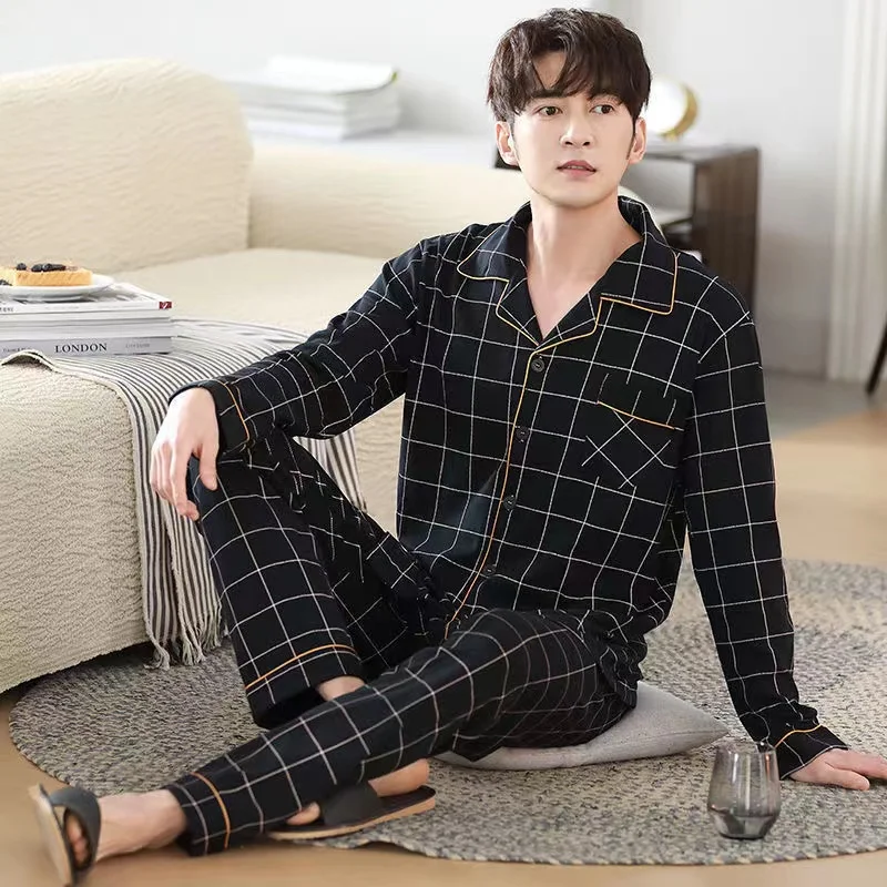 100% Cotton Pajamas Sets For Men Long Sleeve Trousers Lounge Sleepwear Pyjamas Male Home Clothes 2 Pieces /Sets Homewear