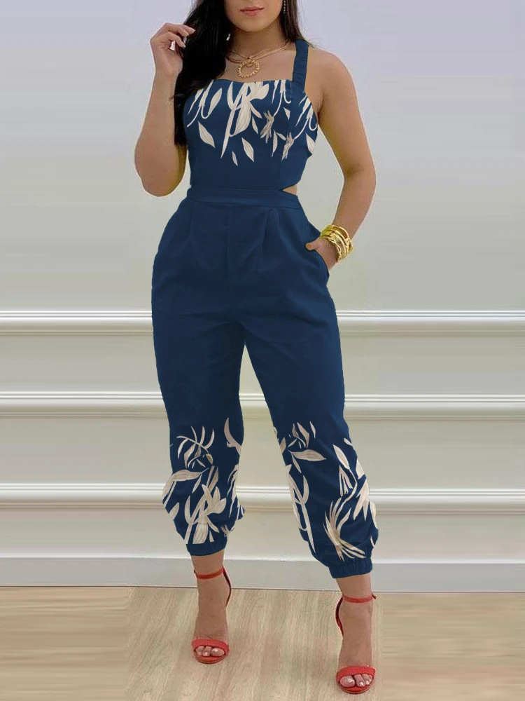 

Mandylandy Women Summer Elegant Plants Print Criss Cross Tied Detail Backless Jumpsuit One Piece Overalls Bodycon Pants