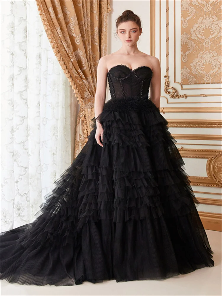 

Ball Gown Elegant Cascading Strapless Prom Formal Evening Dress Sleeveless Floor Length Back Zipper Court Train Tulle with Lace