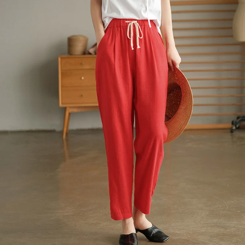 

Rimocy Vintage Cotton Linen Women's Pants 2022 Summer Elastic Waist Loose Casual Pants Woman Pocket Drawstring Trousers Female