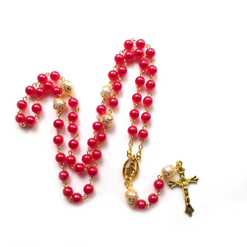 

QIGO Red Acrylic Pearl Gold Cross Rosary Necklace Long Big White Beads Strand Necklace For Women Religious Prayer Jewelry