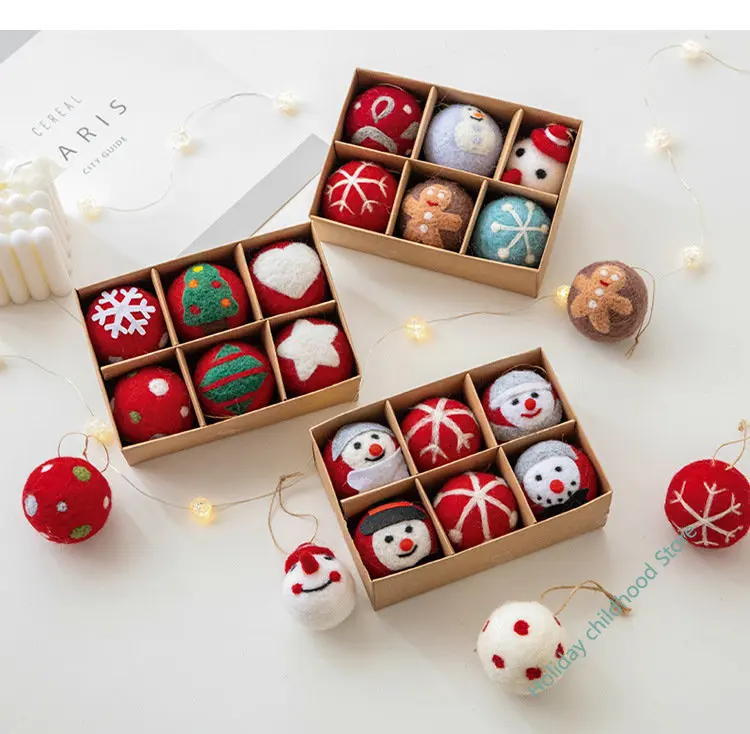 2023 6pcs Wool Felt Balls Christmas Tree Decorations Set Ornament Round Snowflake DIY Ornament Pendant  Decorations For Home