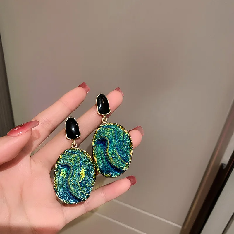 

New Earrings for Women 2022 Hyperbole Natural Stone Hanging Dangle Green Color Enamel Resin Oval Drop Earrings Statement Jewelry