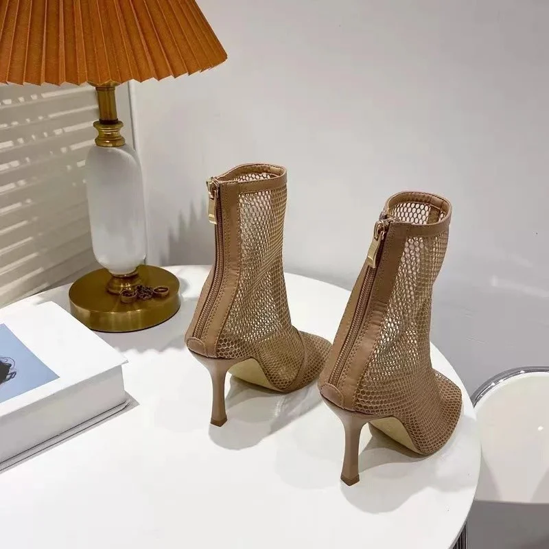 2023 Summer Women Boots Square Toe Mesh Hollow Out Pumps Female Stretch Fabric Sock Boots Sexy High Heels Women Sandals Shoes