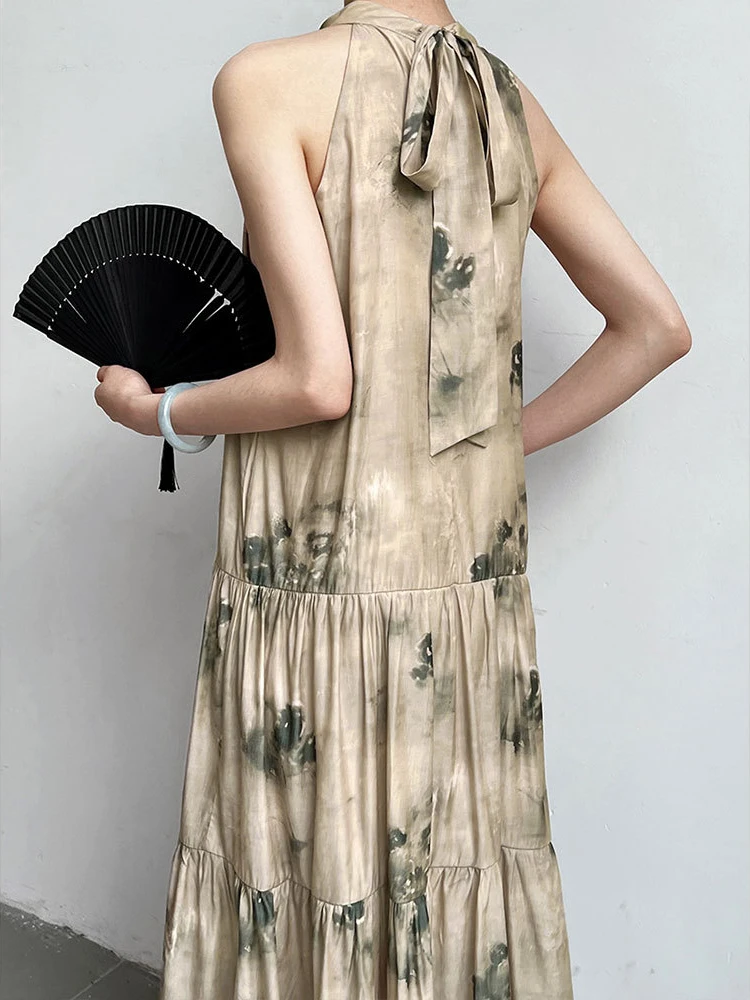 

French Style Sleeveless Halter Long Summer Dress Loose Vacation Printing 2023 New In Women Casual Dress Lace Up Vintage
