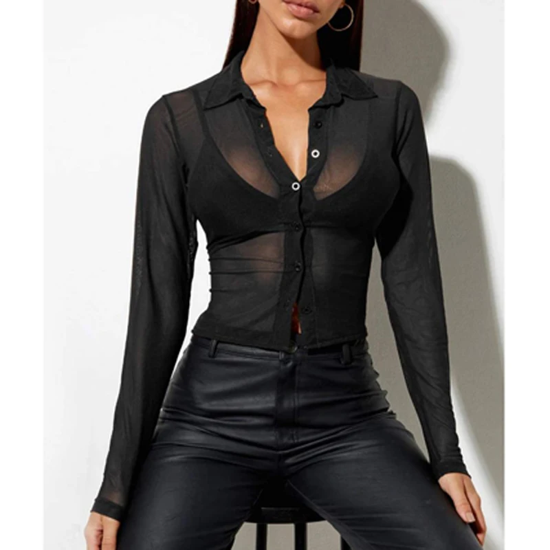 

Kayotuas Women Shirts Female Sexy See-Through Long Sleeve Blouse Summer Autumn Ladies Solid Color Turn-Down Collar Tops S M L