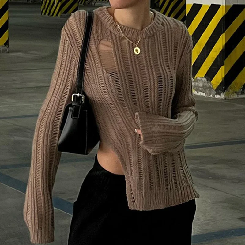 

Brown Ripped Sweater Y2K Vintage Long Sleeve Slit Sweater Autumn Fashion Knitted Pullovers T-shirt Grunge Fairycore