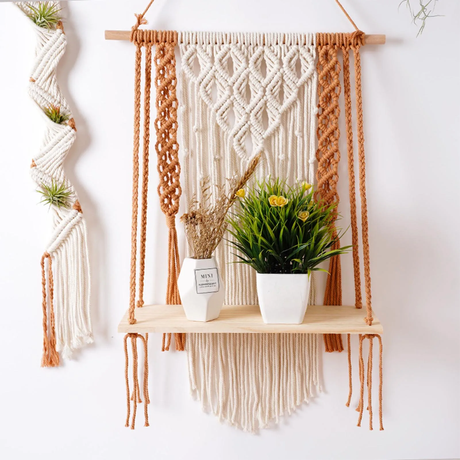 

Macrame Shelf Boho Floating Shelves Handmade Woven Rope Home Organizer Decor for Plant Macrame Wall Hangings Shelf for Bedroom