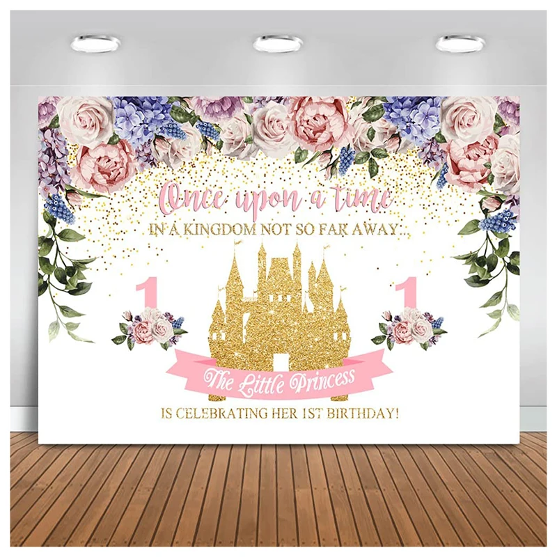 Castle Theme Gold The Little Princess 1st Birthday Photo Photography Background Floral for Girls One Fairy Tale Party Banner