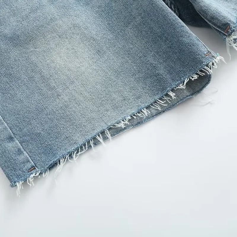 Dave&Di American Retro Old Denim Shorts  Washed Embroidered Pockets Casual Bermuda Women