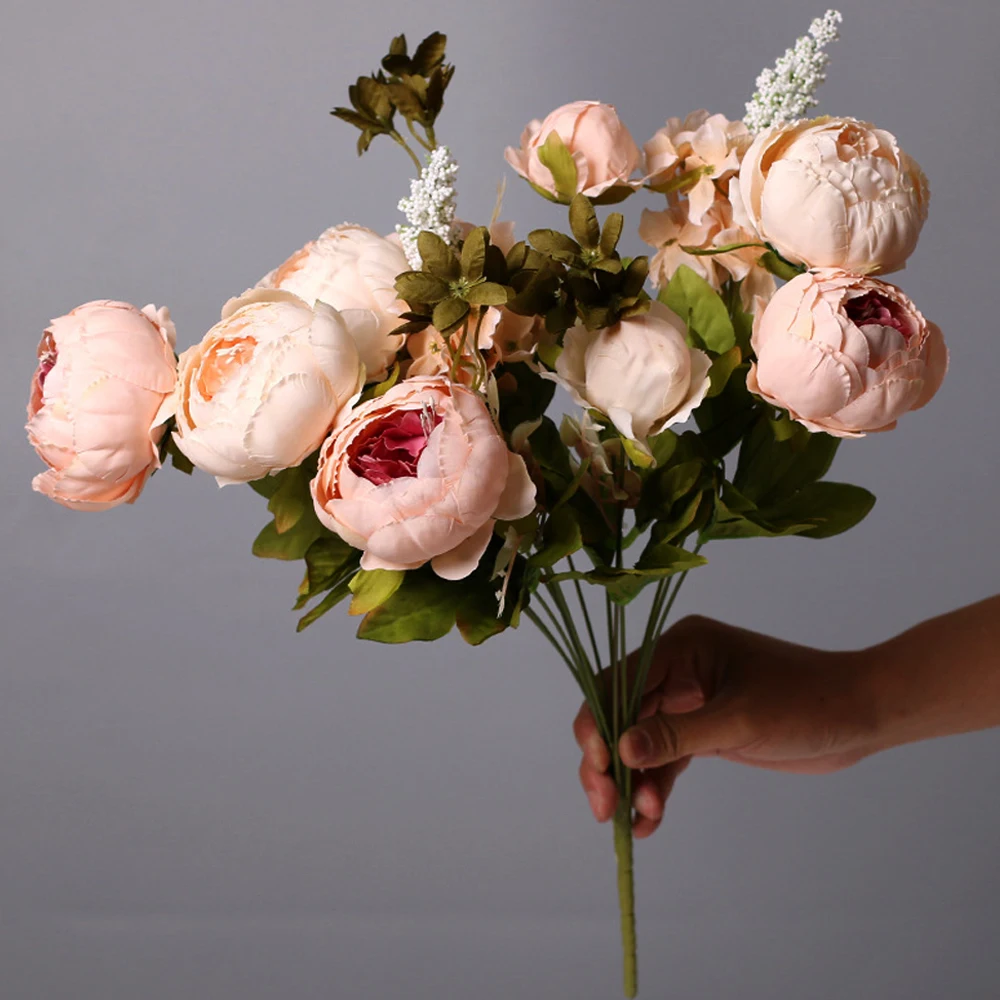 

13 Heads Peony Artificial Flower Retro Silk Bouquet Fake Peonies Cheap Flowers Wedding Home Decor Fake Flower Table Centerpieces