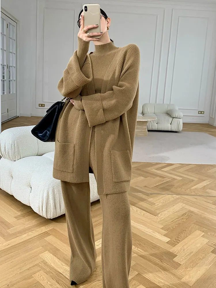 Модный женский вязаный костюм осень-зима 2023 новый элегантный кардиган + свитер