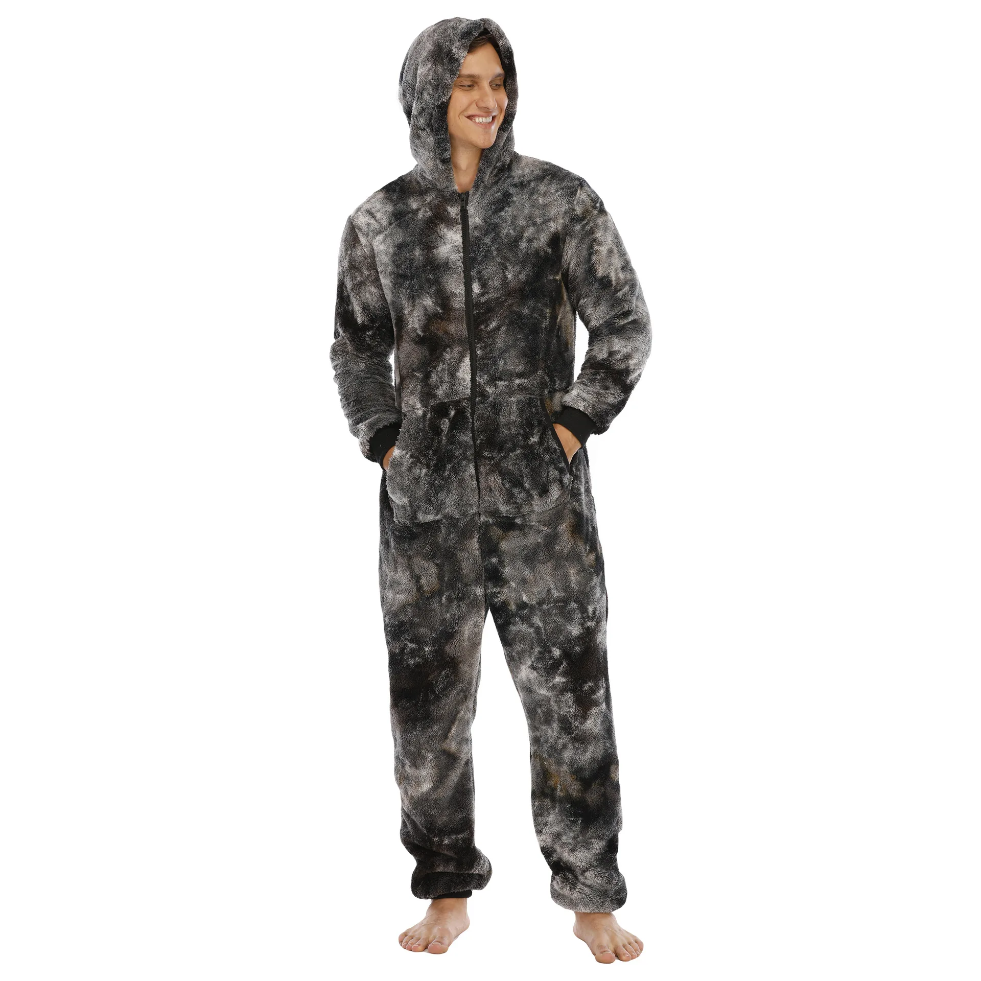 Autumn Winter Casual Flannel Onesies Hoodie Jumpsuit Pajama Men Jumpsuits Hoodie Zipper Sleepwear