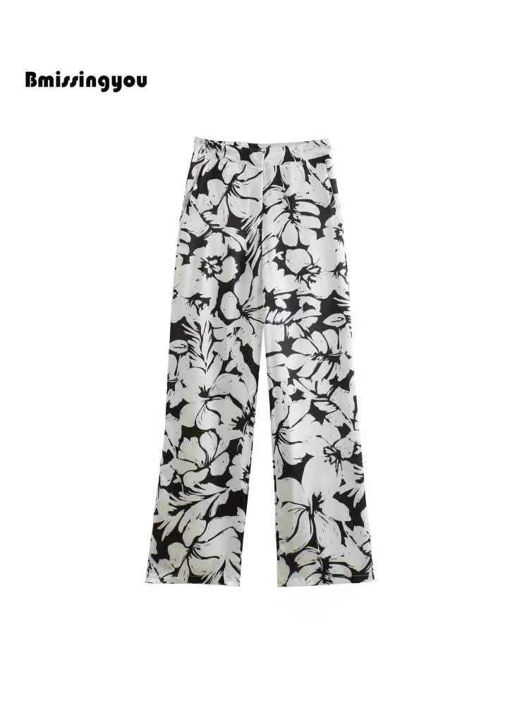 Bmissingyou Floral Printed Women's Casual Pants Side Pockets Mid Waist Female Straight Trousers Contrast Fashion Ladies Pants