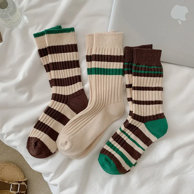 

Retro Ribbed Socks Women Brown Stripe Korean Style Trendy Cotton Sock Woman Long Ladies Sock Autumn Winter Casual Soft Cute Sock