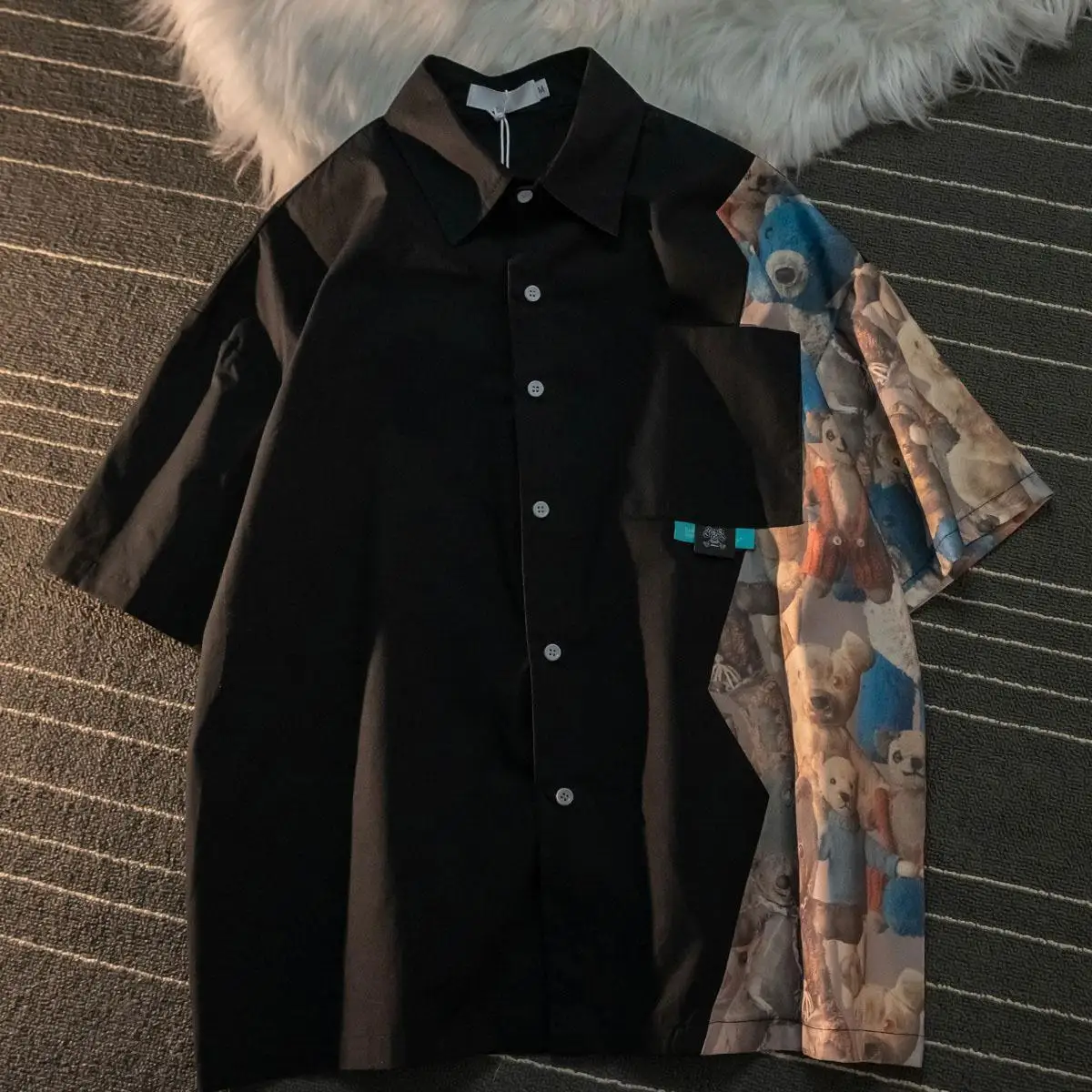 

Bear Short-sleeved Shirt Men's Summer Tide Brand New Stitching Printed Top Ins Loose All-match Couple Shirt Tide