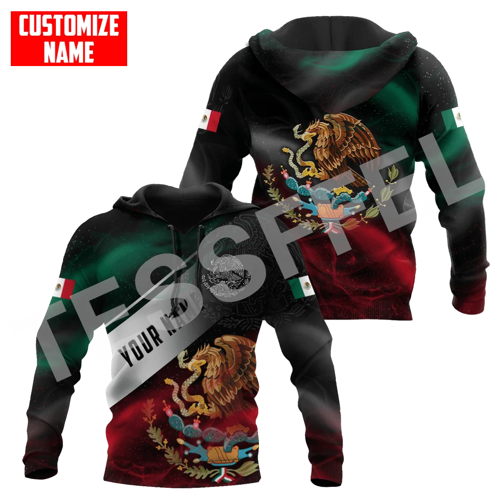 

Mexico Eagle Rooster Skull Country Custom Name Flag Tattoo Pullover 3DPrint Unisex Harajuku Autumn Long Sleeves Casual Hoodies V