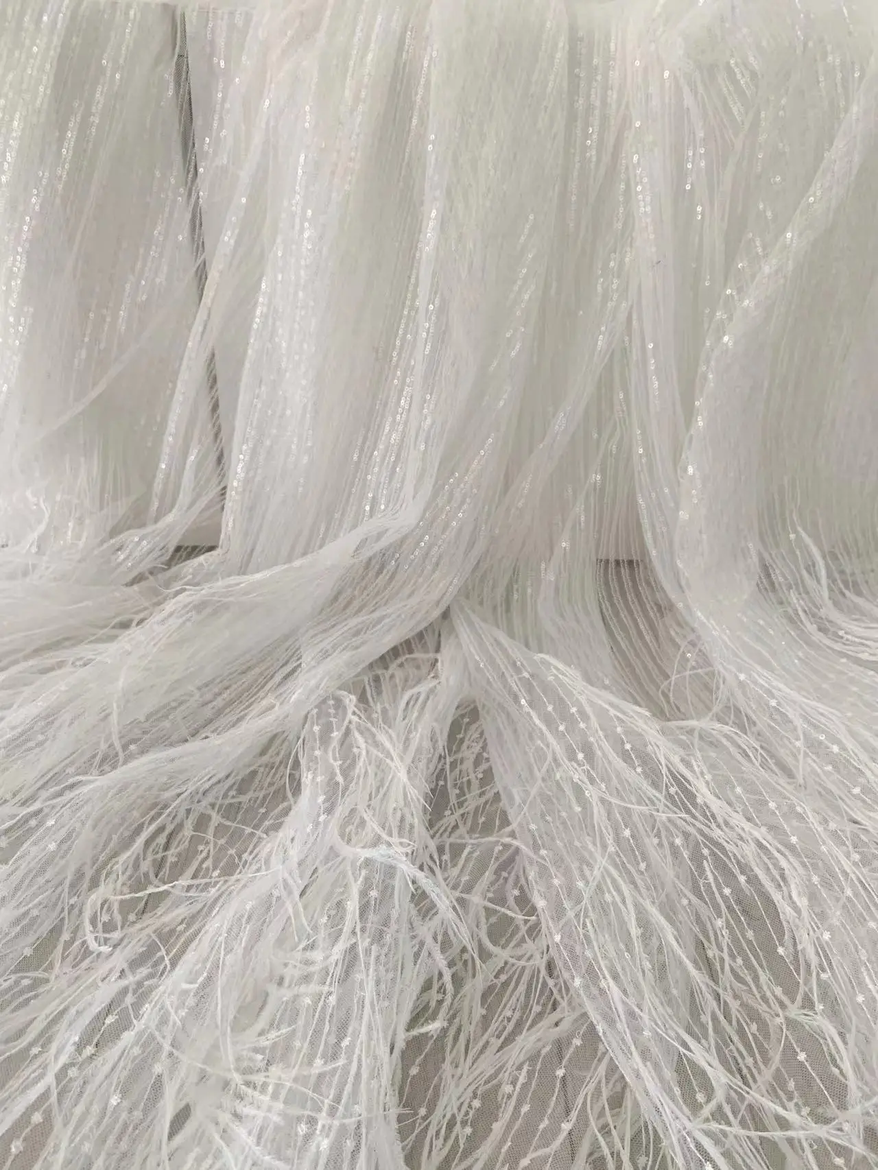 1 Yard Off White Sequined Feather Tulle Lace Fabric Glitter Plumes Gauze for Wedding Dress,Haute Skirt,Free Shipping
