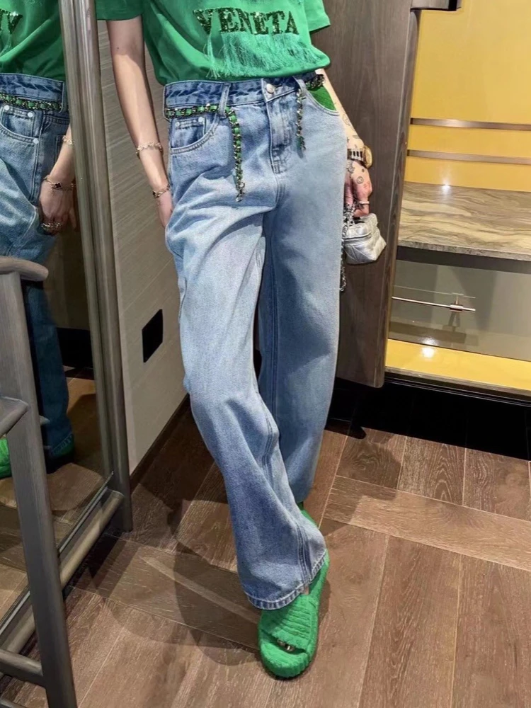 

Women Jeans Pants 2022 Spring and Summer New Green Woven Pocket Waist Chain Women Casual Denim Trousers Straight Pants