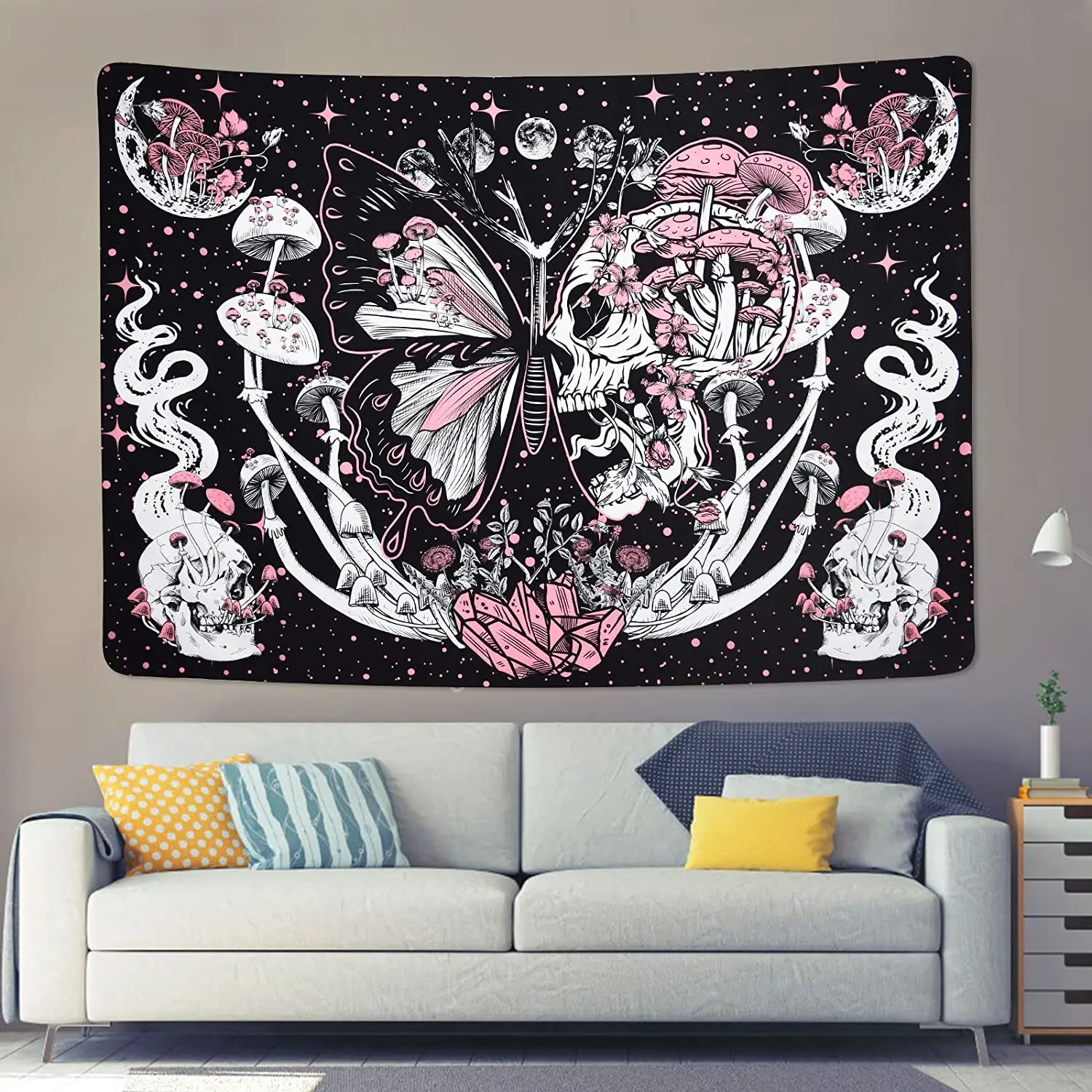 

Skull Butterfly Moth Mushroom Tapestry Hippie Pink Black Moon Stars Blanket Art Home Decorative Wall Hanging Table Yoga Mats