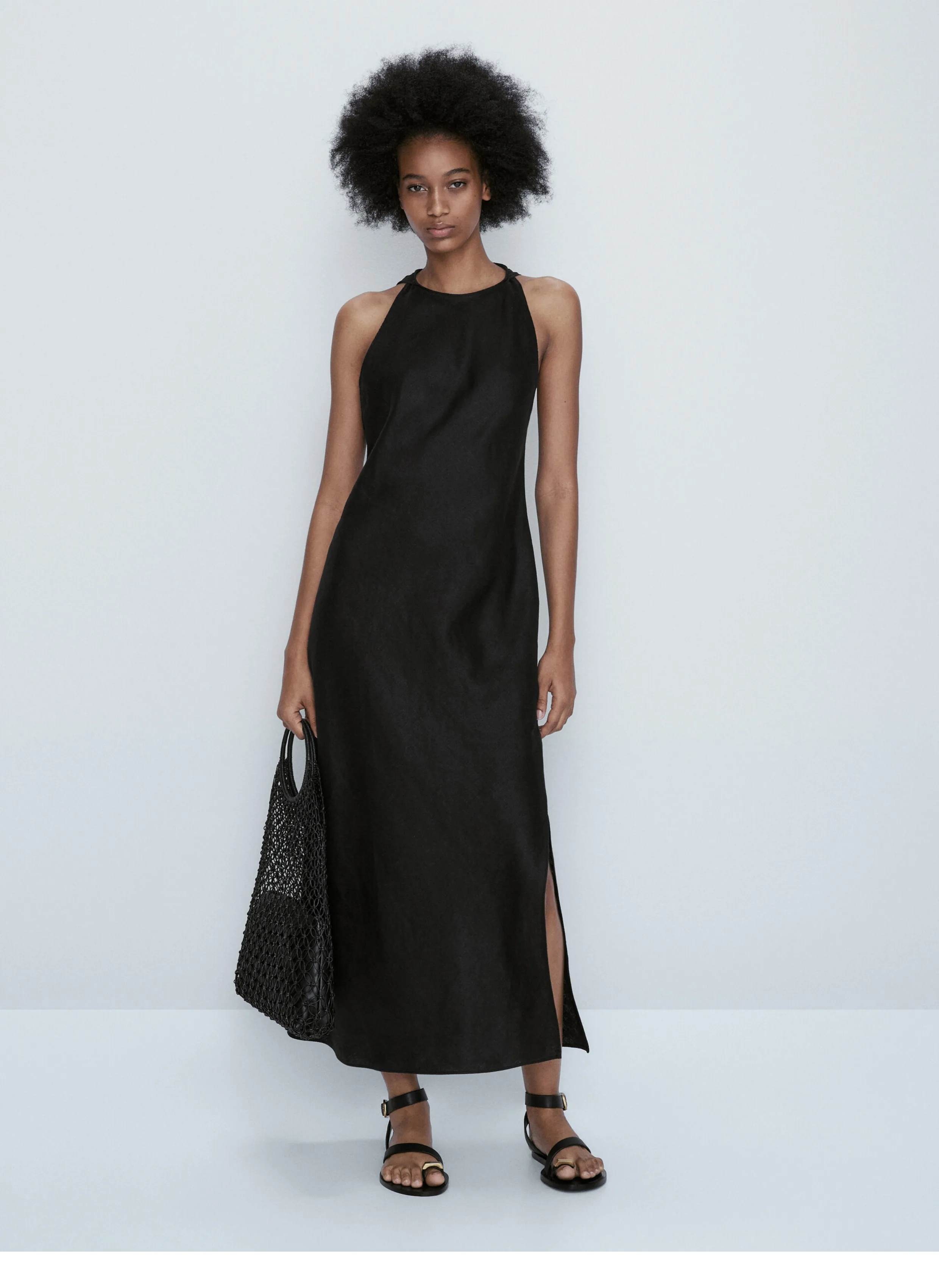 

2023 Summer New Women's Linen Commuter Sleeveless Dress Black Long Waisted Small Black Skirt Women Sling Split Long Skirt