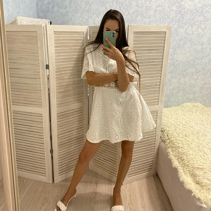 

Женское хлопковое однотонное ажурное платье, Летнее цветочное короткое платье с расклешенным рукавом, джемпер с открытой спиной, повседнев...