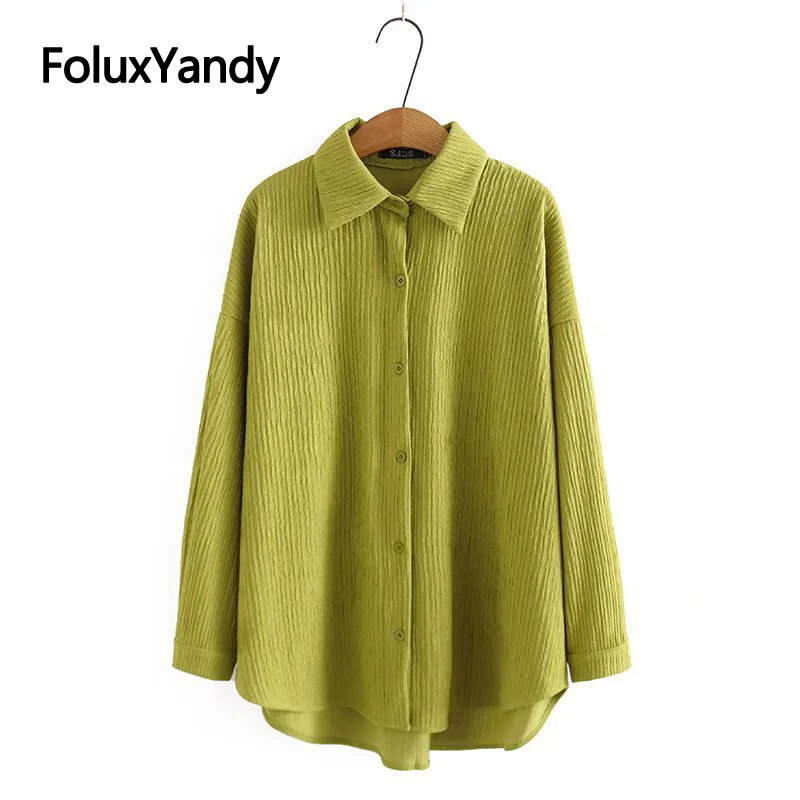 

Casual Pleated Women Shirts Plus Size Blouse Turn-down Collar Loose Drop Shoulder Long Sleeve Shirt KKFY5914