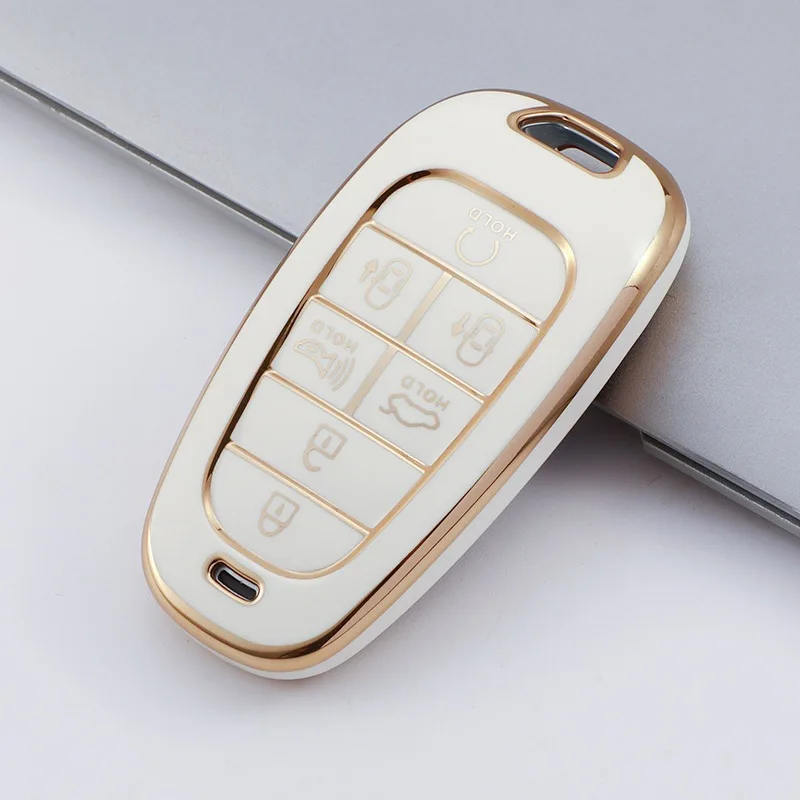

New Electroplated TPU Car Key Cover for Hyundai Santa Fe Tucson 2022 NEXO NX4 Atos Solaris Prime2021 7 Button Premium Key Case